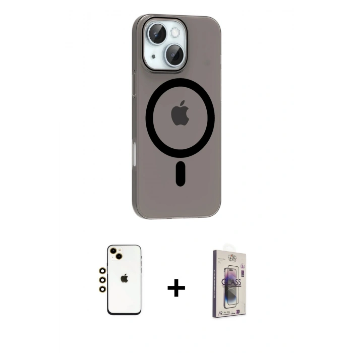 MARSİLYAN™- iPhone 14 Kılıf Pusula Form Özel Seri - Siyah Bilvis 3D Cam Ekran Koruyucu + Shine Kamera Lens - GD