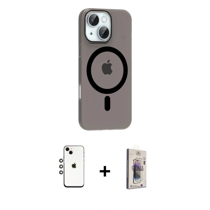 MARSİLYAN™- iPhone 14 Kılıf Pusula Form Özel Seri - Siyah Bilvis 3D Cam Ekran Koruyucu + Shine Kamera Lens - GI