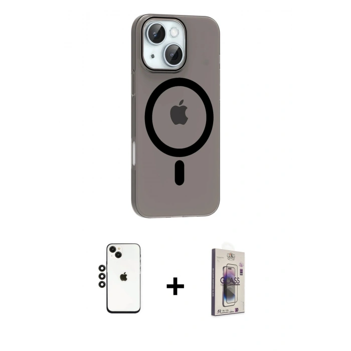 MARSİLYAN™- iPhone 14 Kılıf Pusula Form Özel Seri - Siyah Bilvis 3D Cam Ekran Koruyucu + Shine Kamera Lens - SH