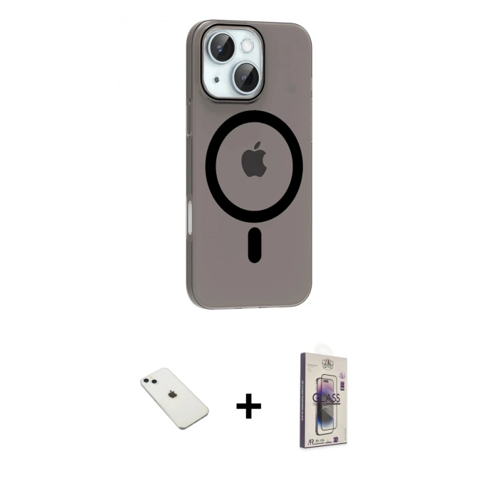 MARSİLYAN™- iPhone 14 Kılıf Pusula Form Özel Seri - Siyah Bilvis 3D Cam Ekran Koruyucu + Sierra Blue Diamond Kamera Lens
