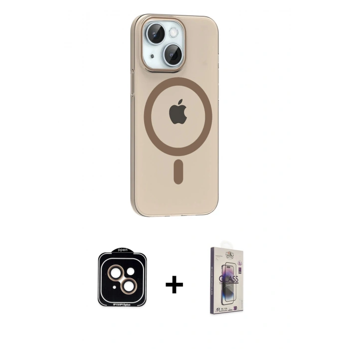 MARSİLYAN™- iPhone 14 Kılıf Pusula Form Özel Seri - Siyah Bilvis 3D Cam Ekran Koruyucu + Turuncu PVD Metal Kamera Lens