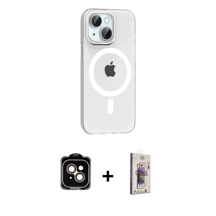 MARSİLYAN™- iPhone 14 Kılıf Pusula Form Özel Seri - Siyah Bilvis 3D Cam Ekran Koruyucu + Turuncu PVD Metal Kamera Lens