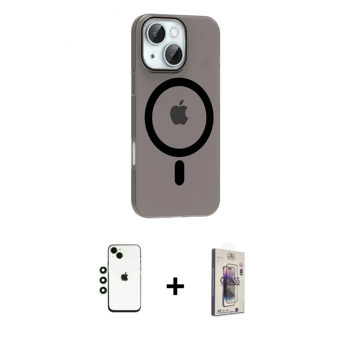 MARSİLYAN™- iPhone 14 Kılıf Pusula Form Özel Seri - Siyah Bilvis 3D Cam Ekran Koruyucu + Shine Kamera Lens - YL