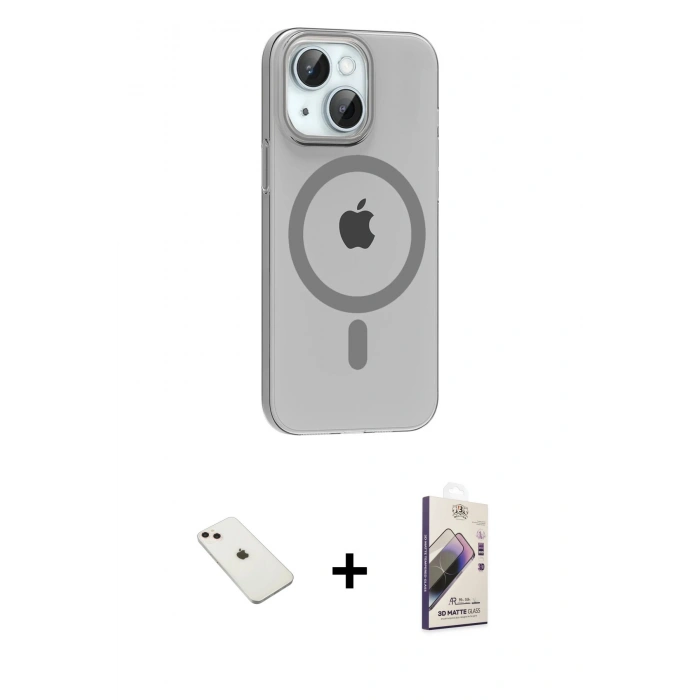 MARSİLYAN™- iPhone 14 Kılıf Pusula Form Özel Seri - Siyah Bilvis 3D Mat Cam Ekran Koruyucu + Diamond Kamera Lens - PE