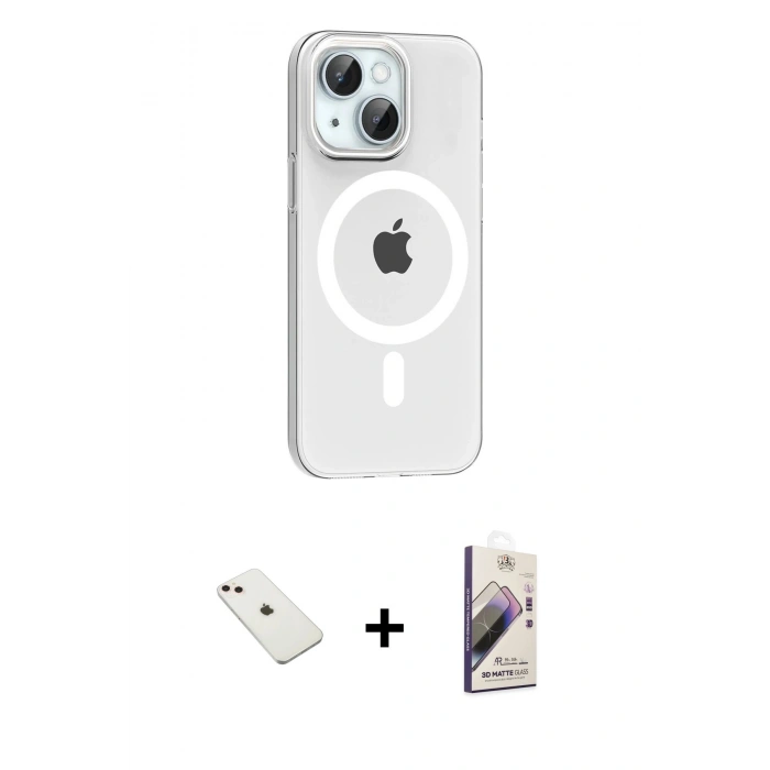 MARSİLYAN™- iPhone 14 Kılıf Pusula Form Özel Seri - Siyah Bilvis 3D Mat Cam Ekran Koruyucu + Diamond Kamera Lens - PE