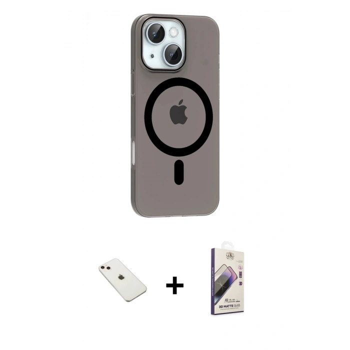MARSİLYAN™- iPhone 14 Kılıf Pusula Form Özel Seri - Siyah Bilvis 3D Mat Cam Ekran Koruyucu + Diamond Kamera Lens - PE