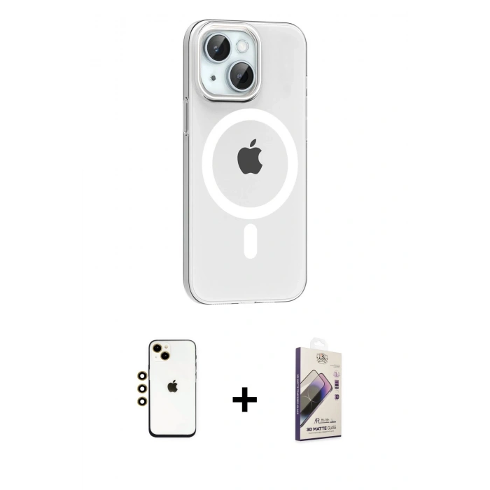 MARSİLYAN™- iPhone 14 Kılıf Pusula Form Özel Seri - Siyah Bilvis 3D Mat Cam Ekran Koruyucu + Gold Shine Kamera Lens