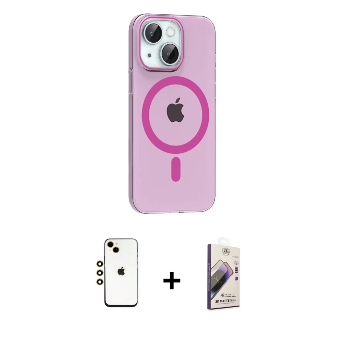MARSİLYAN™- iPhone 14 Kılıf Pusula Form Özel Seri - Siyah Bilvis 3D Mat Cam Ekran Koruyucu + Gold Shine Kamera Lens