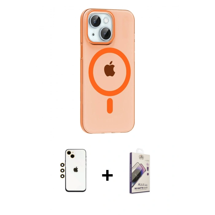 MARSİLYAN™- iPhone 14 Kılıf Pusula Form Özel Seri - Siyah Bilvis 3D Mat Cam Ekran Koruyucu + Gold Shine Kamera Lens