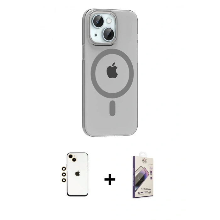 MARSİLYAN™- iPhone 14 Kılıf Pusula Form Özel Seri - Siyah Bilvis 3D Mat Cam Ekran Koruyucu + Gold Shine Kamera Lens