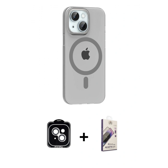 MARSİLYAN™- iPhone 14 Kılıf Pusula Form Özel Seri - Siyah Bilvis 3D Mat Cam Ekran Koruyucu + PVD Metal Kamera Lens - GS