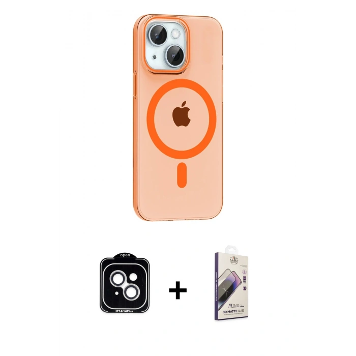 MARSİLYAN™- iPhone 14 Kılıf Pusula Form Özel Seri - Siyah Bilvis 3D Mat Cam Ekran Koruyucu + PVD Metal Kamera Lens - GS