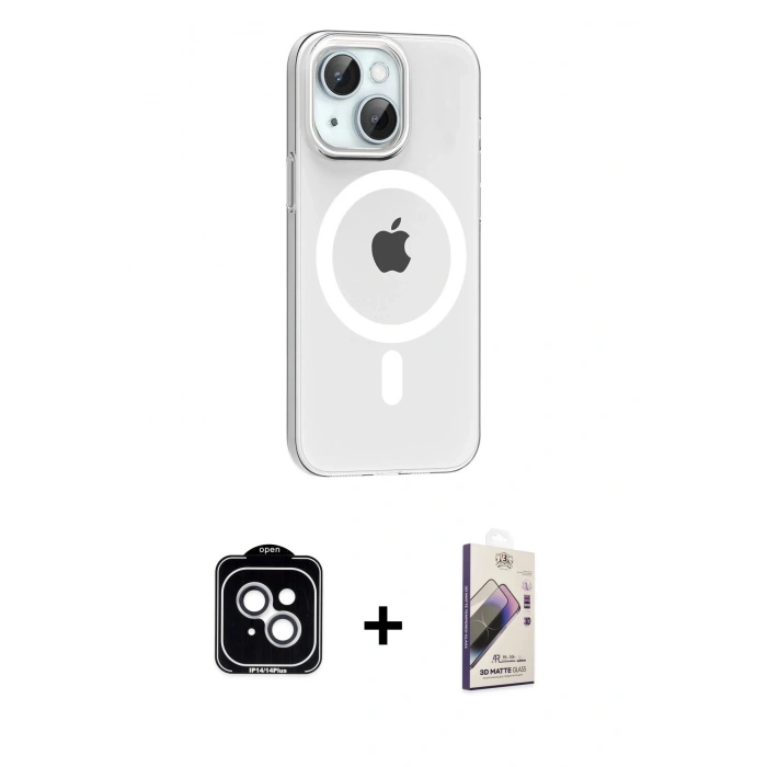 MARSİLYAN™- iPhone 14 Kılıf Pusula Form Özel Seri - Siyah Bilvis 3D Mat Cam Ekran Koruyucu + PVD Metal Kamera Lens - GS