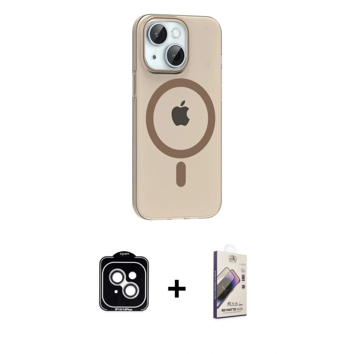MARSİLYAN™- iPhone 14 Kılıf Pusula Form Özel Seri - Siyah Bilvis 3D Mat Cam Ekran Koruyucu + PVD Metal Kamera Lens - GS