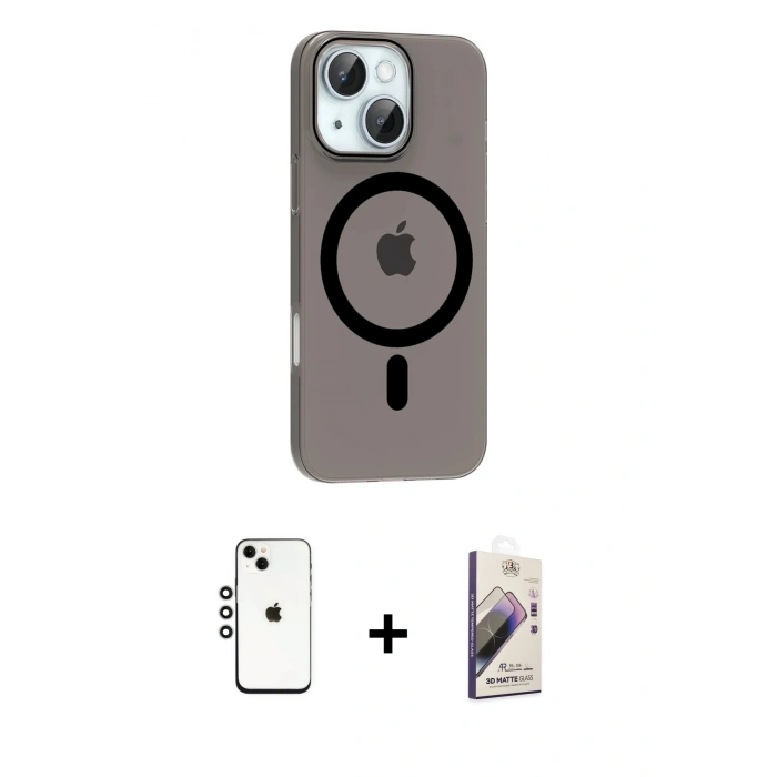 MARSİLYAN™- iPhone 14 Kılıf Pusula Form Özel Seri - Siyah Bilvis 3D Mat Cam Ekran Koruyucu + Shine Kamera Lens - GS