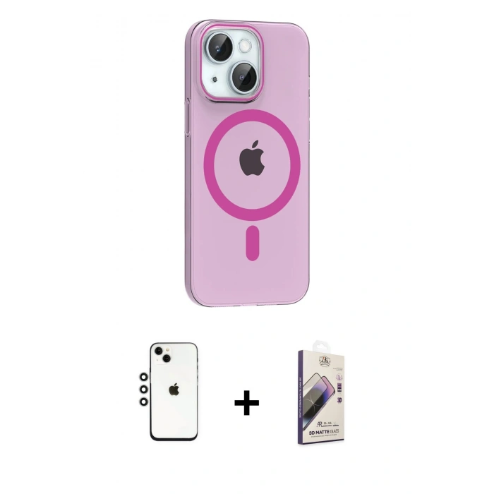 MARSİLYAN™- iPhone 14 Kılıf Pusula Form Özel Seri - Siyah Bilvis 3D Mat Cam Ekran Koruyucu + Shine Kamera Lens - GS