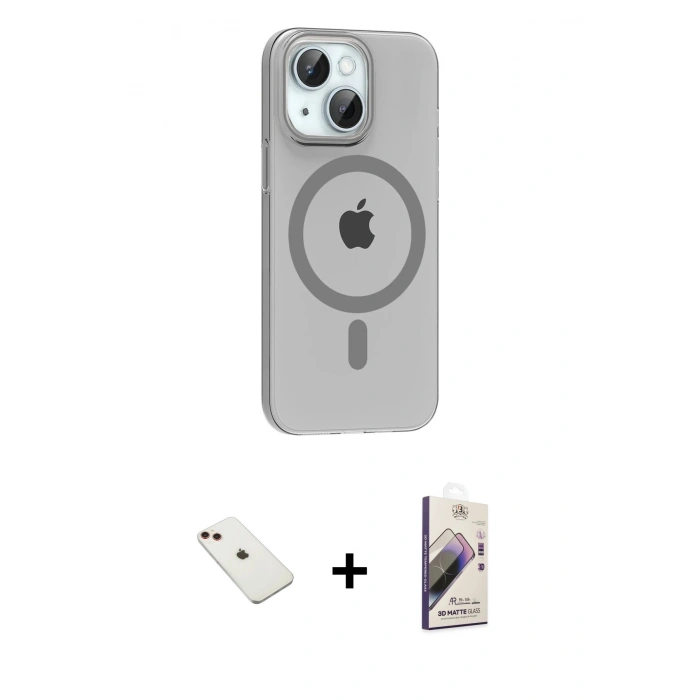 MARSİLYAN™- iPhone 14 Kılıf Pusula Form Özel Seri - Siyah Bilvis 3D Mat Cam Ekran Koruyucu + Kırmızı Diamond Kamera Lens