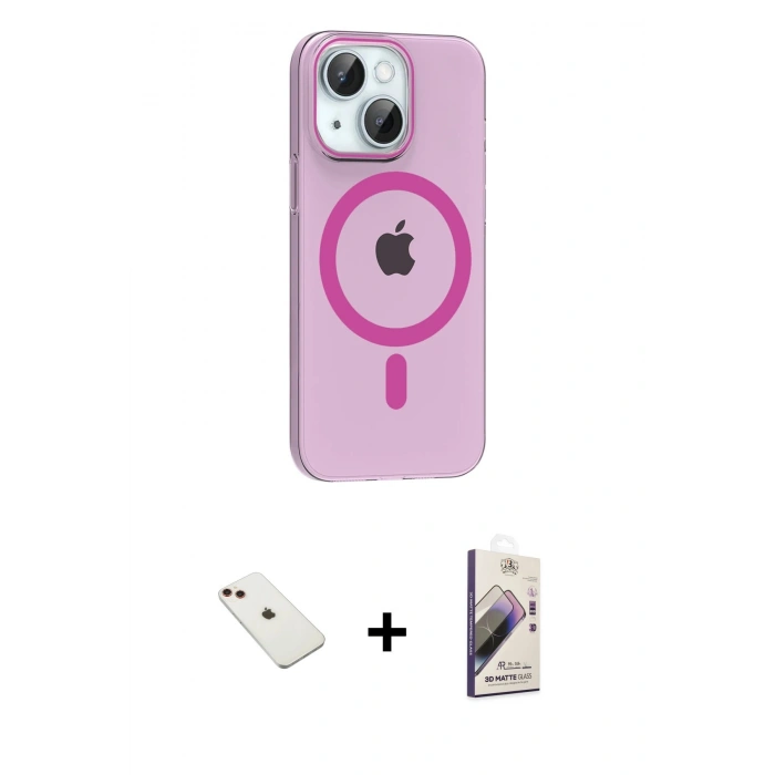 MARSİLYAN™- iPhone 14 Kılıf Pusula Form Özel Seri - Siyah Bilvis 3D Mat Cam Ekran Koruyucu + Kırmızı Diamond Kamera Lens