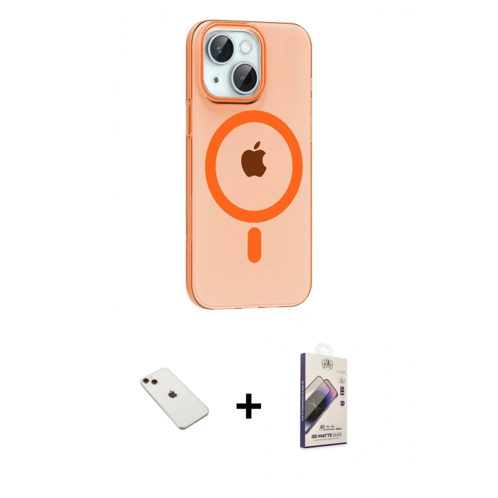MARSİLYAN™- iPhone 14 Kılıf Pusula Form Özel Seri - Siyah Bilvis 3D Mat Cam Ekran Koruyucu + Kırmızı Diamond Kamera Lens