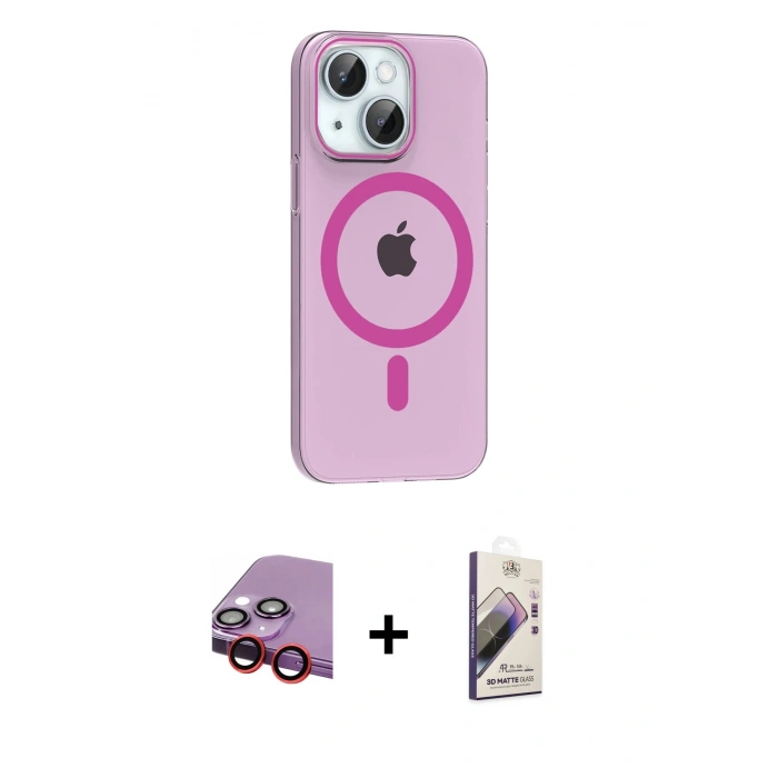 MARSİLYAN™- iPhone 14 Kılıf Pusula Form Özel Seri - Siyah Bilvis 3D Mat Cam Ekran Koruyucu + Kırmızı Raze Metal Kamera Lens