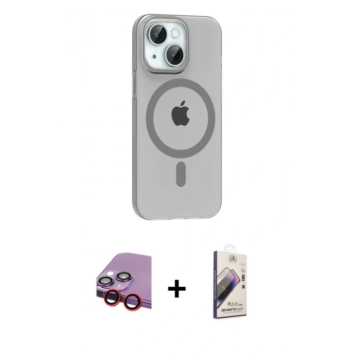 MARSİLYAN™- iPhone 14 Kılıf Pusula Form Özel Seri - Siyah Bilvis 3D Mat Cam Ekran Koruyucu + Kırmızı Raze Metal Kamera Lens