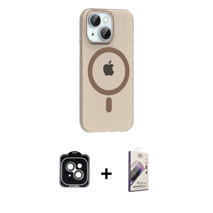 MARSİLYAN™- iPhone 14 Kılıf Pusula Form Özel Seri - Siyah Bilvis 3D Mat Cam Ekran Koruyucu + PVD Metal Kamera Lens - YL