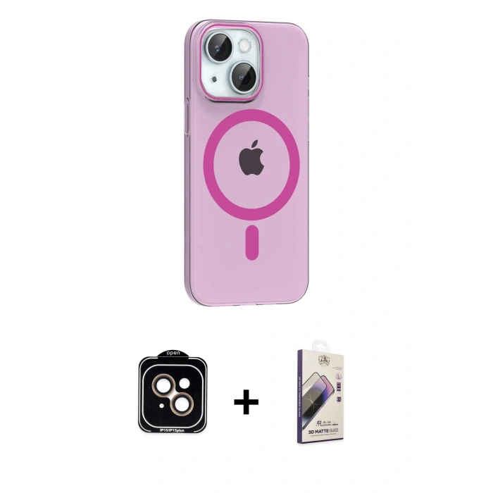 MARSİLYAN™- iPhone 14 Kılıf Pusula Form Özel Seri - Siyah Bilvis 3D Mat Cam Ekran Koruyucu + PVD Metal Kamera Lens - TU