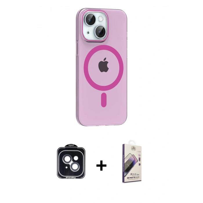 MARSİLYAN™- iPhone 14 Kılıf Pusula Form Özel Seri - Siyah Bilvis 3D Mat Cam Ekran Koruyucu + PVD Metal Kamera Lens - SH