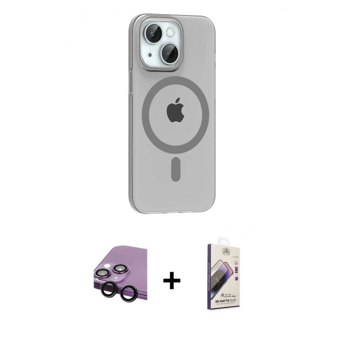 MARSİLYAN™- iPhone 14 Kılıf Pusula Form Özel Seri - Siyah Bilvis 3D Mat Cam Ekran Koruyucu + Raze Metal Kamera Lens - SH