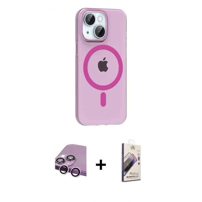 MARSİLYAN™- iPhone 14 Kılıf Pusula Form Özel Seri - Siyah Bilvis 3D Mat Cam Ekran Koruyucu + Raze Metal Kamera Lens - MR