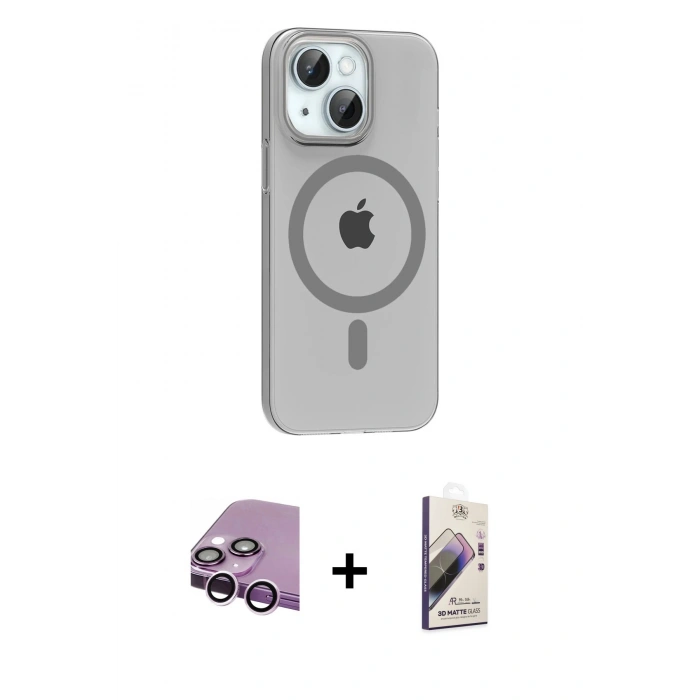 MARSİLYAN™- iPhone 14 Kılıf Pusula Form Özel Seri - Siyah Bilvis 3D Mat Cam Ekran Koruyucu + Raze Metal Kamera Lens - MR