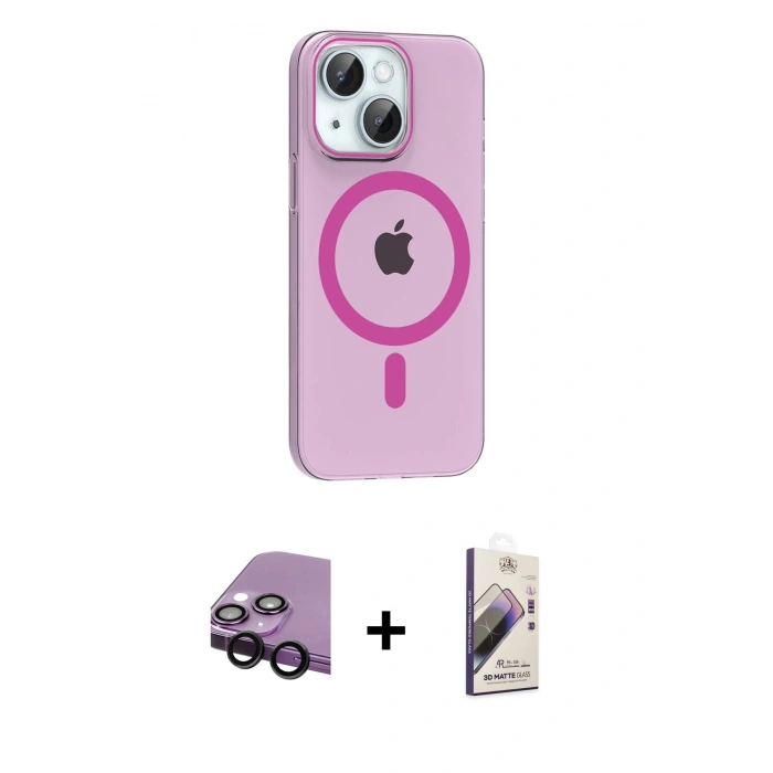 MARSİLYAN™- iPhone 14 Kılıf Pusula Form Özel Seri - Siyah Bilvis 3D Mat Cam Ekran Koruyucu + Raze Metal Kamera Lens - SH