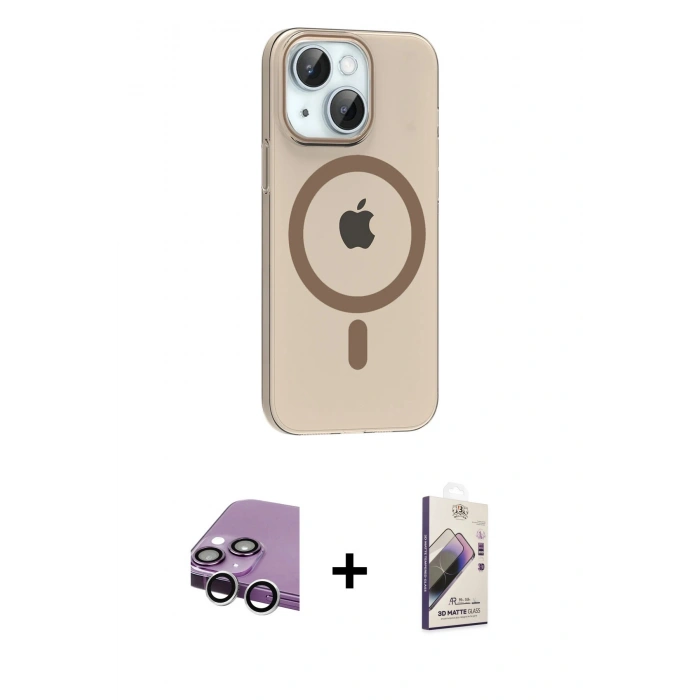 MARSİLYAN™- iPhone 14 Kılıf Pusula Form Özel Seri - Siyah Bilvis 3D Mat Cam Ekran Koruyucu + Raze Metal Kamera Lens - GS