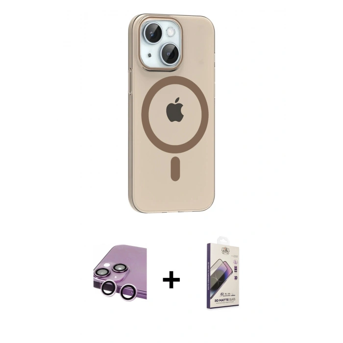 MARSİLYAN™- iPhone 14 Kılıf Pusula Form Özel Seri - Siyah Bilvis 3D Mat Cam Ekran Koruyucu + Raze Metal Kamera Lens - MR
