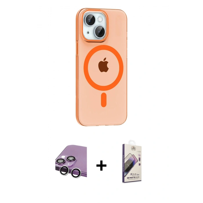 MARSİLYAN™- iPhone 14 Kılıf Pusula Form Özel Seri - Siyah Bilvis 3D Mat Cam Ekran Koruyucu + Raze Metal Kamera Lens - GS