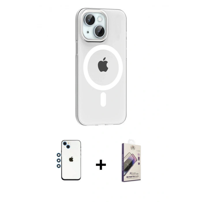 MARSİLYAN™- iPhone 14 Kılıf Pusula Form Özel Seri - Siyah Bilvis 3D Mat Cam Ekran Koruyucu + Shine Kamera Lens - MI