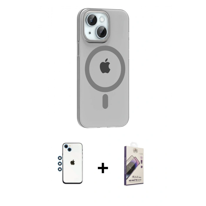 MARSİLYAN™- iPhone 14 Kılıf Pusula Form Özel Seri - Siyah Bilvis 3D Mat Cam Ekran Koruyucu + Shine Kamera Lens - MI