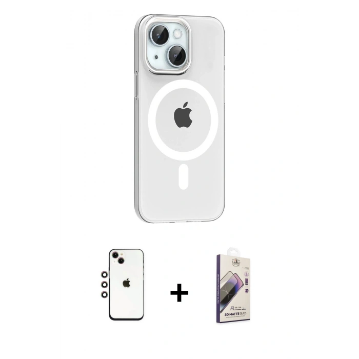 MARSİLYAN™- iPhone 14 Kılıf Pusula Form Özel Seri - Siyah Bilvis 3D Mat Cam Ekran Koruyucu + Shine Kamera Lens - GI