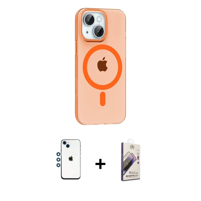 MARSİLYAN™- iPhone 14 Kılıf Pusula Form Özel Seri - Siyah Bilvis 3D Mat Cam Ekran Koruyucu + Shine Kamera Lens - MI