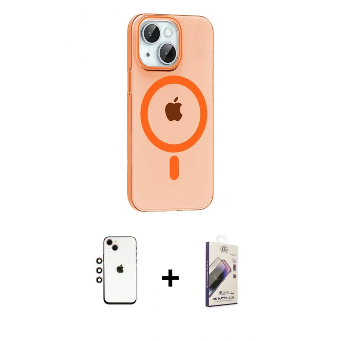 MARSİLYAN™- iPhone 14 Kılıf Pusula Form Özel Seri - Siyah Bilvis 3D Mat Cam Ekran Koruyucu + Shine Kamera Lens - GI