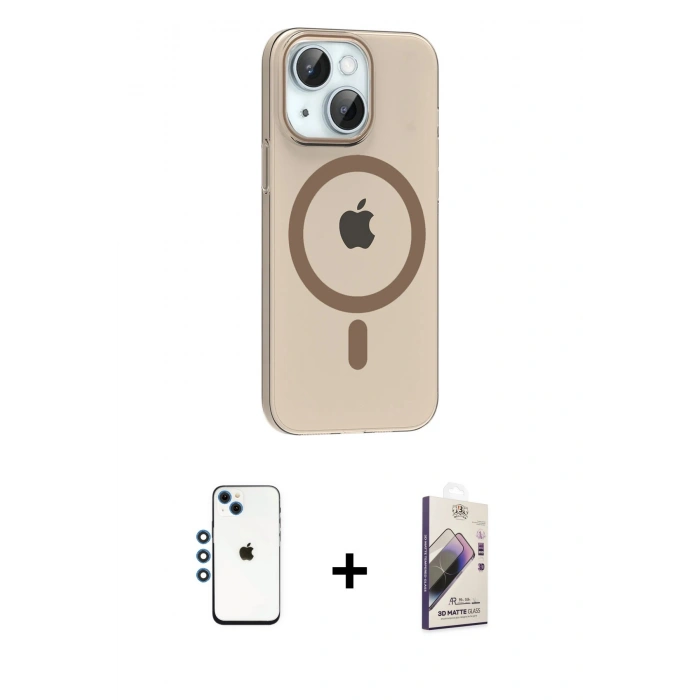MARSİLYAN™- iPhone 14 Kılıf Pusula Form Özel Seri - Siyah Bilvis 3D Mat Cam Ekran Koruyucu + Shine Kamera Lens - MI