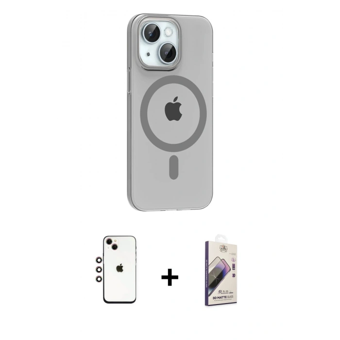 MARSİLYAN™- iPhone 14 Kılıf Pusula Form Özel Seri - Siyah Bilvis 3D Mat Cam Ekran Koruyucu + Shine Kamera Lens - GI