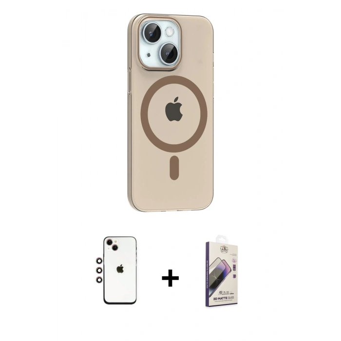 MARSİLYAN™- iPhone 14 Kılıf Pusula Form Özel Seri - Siyah Bilvis 3D Mat Cam Ekran Koruyucu + Shine Kamera Lens - GI