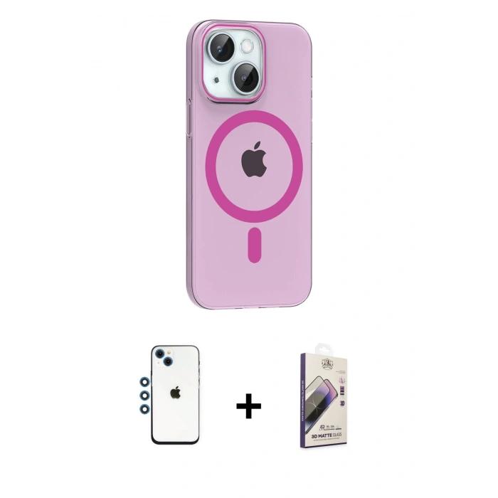 MARSİLYAN™- iPhone 14 Kılıf Pusula Form Özel Seri - Siyah Bilvis 3D Mat Cam Ekran Koruyucu + Shine Kamera Lens - MI