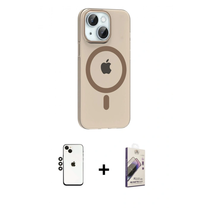 MARSİLYAN™- iPhone 14 Kılıf Pusula Form Özel Seri - Siyah Bilvis 3D Mat Cam Ekran Koruyucu + Shine Kamera Lens - SH