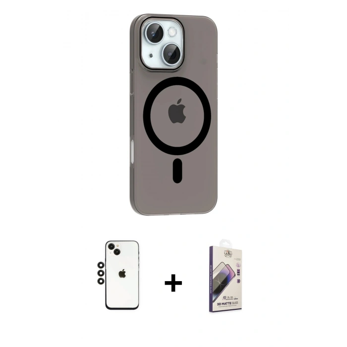 MARSİLYAN™- iPhone 14 Kılıf Pusula Form Özel Seri - Siyah Bilvis 3D Mat Cam Ekran Koruyucu + Shine Kamera Lens - SH