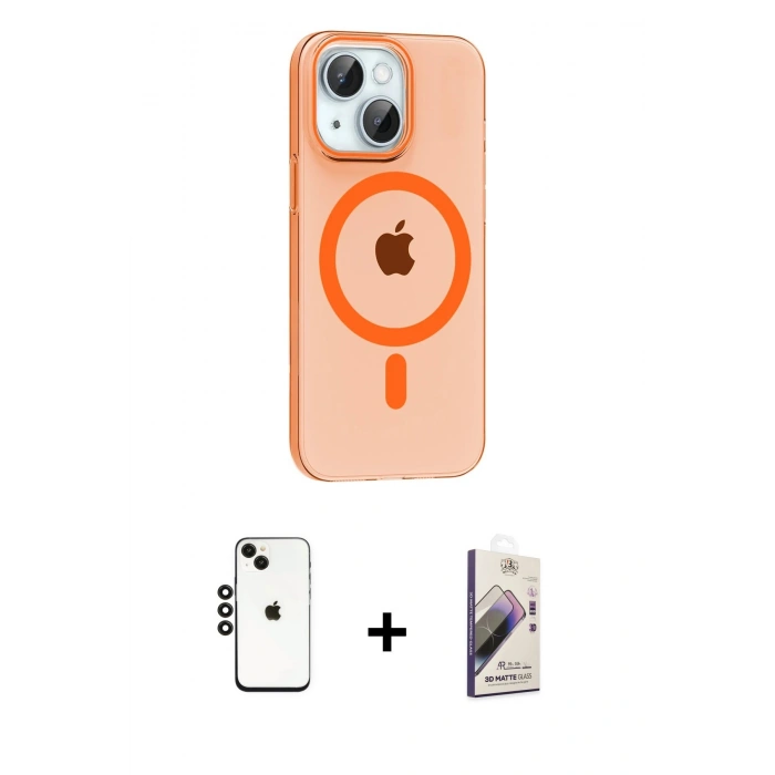 MARSİLYAN™- iPhone 14 Kılıf Pusula Form Özel Seri - Siyah Bilvis 3D Mat Cam Ekran Koruyucu + Shine Kamera Lens - SH