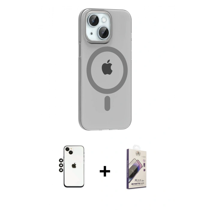 MARSİLYAN™- iPhone 14 Kılıf Pusula Form Özel Seri - Siyah Bilvis 3D Mat Cam Ekran Koruyucu + Shine Kamera Lens - SH