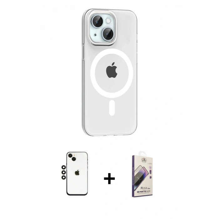 MARSİLYAN™- iPhone 14 Kılıf Pusula Form Özel Seri - Siyah Bilvis 3D Mat Cam Ekran Koruyucu + Shine Kamera Lens - SH