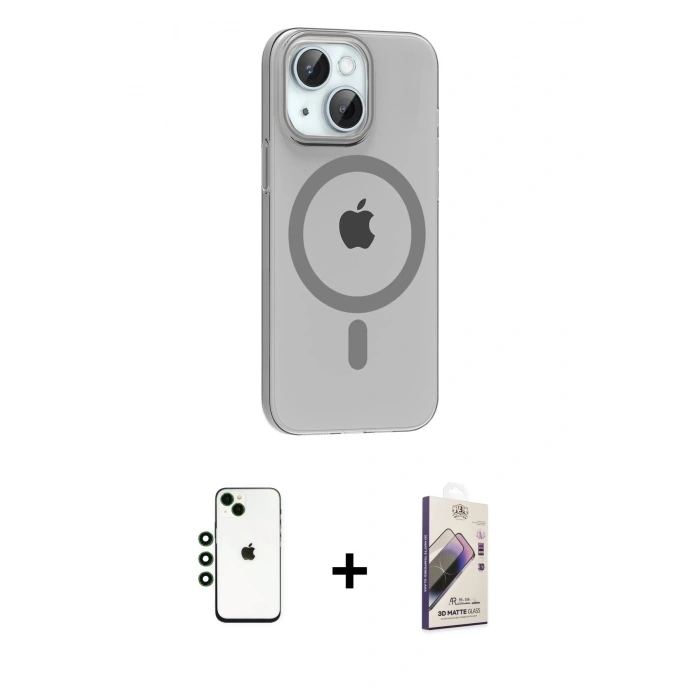 MARSİLYAN™- iPhone 14 Kılıf Pusula Form Özel Seri - Siyah Bilvis 3D Mat Cam Ekran Koruyucu + Shine Kamera Lens - YL